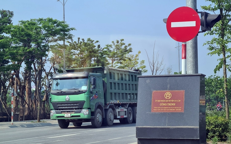 Nhiều xe tải chở cát có dấu hiệu quá tải trọng ngang nhiên chạy rầm rầm, không thấy bóng dáng lực lượng chức năng huyện Gia Lâm (Hà Nội).