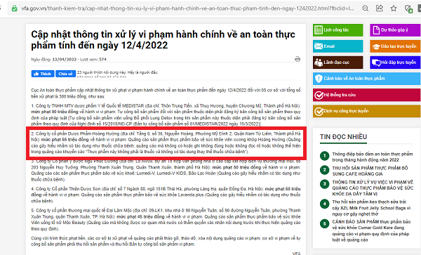 Duoc pham Hoang Huong bi phat 65 trieu vi vi pham quang cao