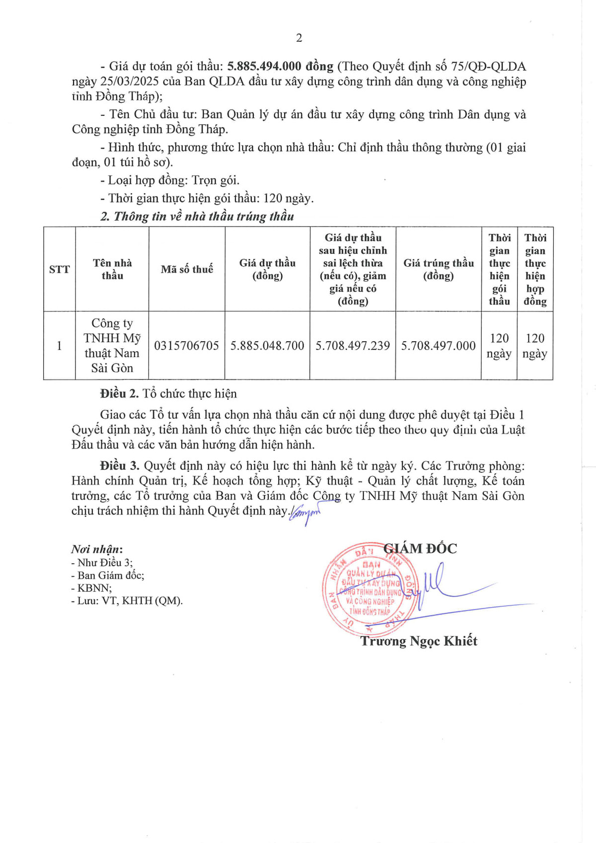 Dong Thap: My Thuat Nam Sai Gon duoc chi dinh goi thau gan 6 ty