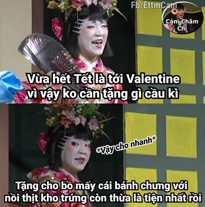 Valentine là dịp để hội "khẩu nghiệp" tung hoành. Người ta yêu đương lại xúi bậy tặng thịt kho trứng. Tặng quà như vậy thì Valentine này chắc bị bồ đá quá. Có bí quá thì tra Google món quà ý nghĩa chứ đừng làm bậy nhé. Ảnh: Cám Chăm Chỉ.