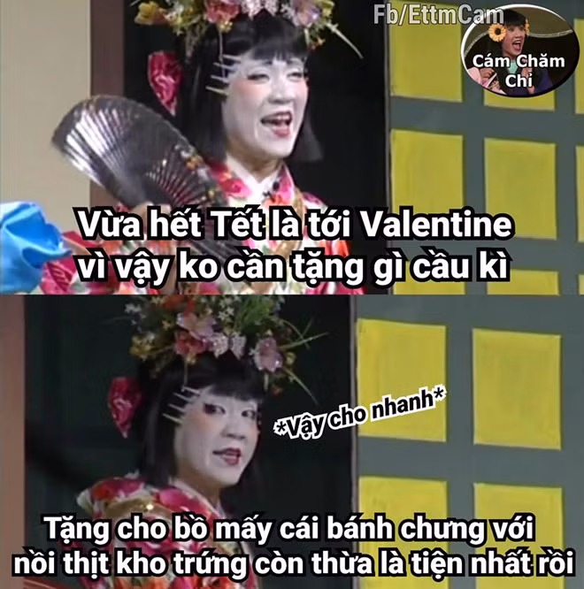 Valentine là dịp để hội "khẩu nghiệp" tung hoành. Người ta yêu đương lại xúi bậy tặng thịt kho trứng. Tặng quà như vậy thì Valentine này chắc bị bồ đá quá. Có bí quá thì tra Google món quà ý nghĩa chứ đừng làm bậy nhé. Ảnh: Cám Chăm Chỉ.