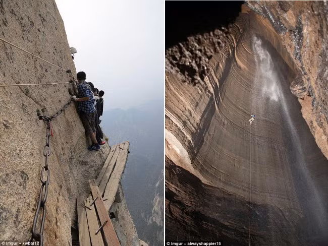 Mọi người di chuyển dọc lối đi trên lưng chừng vách núi (trái) và treo xuống hang sâu hút.