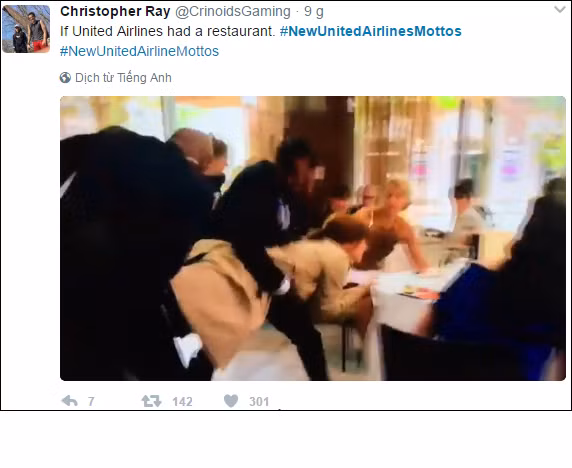 "Nếu United Airlines là một 'nhà hàng', các hành khách cũng sẽ bị kéo lê như thế này" - đó là thâm ý sâu xa trong bức ảnh chế trên.