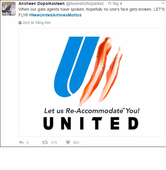 Bất bình với cách hành xử trên, rất nhiều hành khách, cư dân mạng, đặc biệt là những người mong muốn bảo vệ quyền lợi, sự an toàn của các hành khách trên các chuyến bay đã đồng loạt đả kích, lên án các nhân viên an ninh United Airlines và hãng hàng không này. Trên Twitter vài ngày nay luôn tràn ngập những bức ảnh chế châm biếm, mỉa mai hãng hàng không của Mỹ, chỉ vì một sự việc nhỏ, với cách hành xử không khéo léo, sử dụng cả bạo lực mà đã dẫn đến những nguy hại, tổn thương về cả thân thể, tinh thần của một hành khách vô tội.