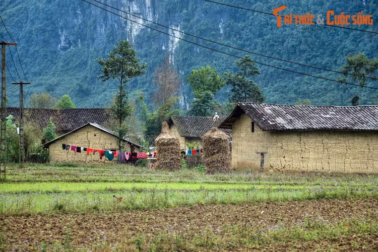 Ấn tượng đầu tiên về Phố Cáo là cảnh sắc nơi đây đẹp như một bức tranh, với những ngôi nhà đơn sơ ẩn hiện bên sườn núi đá hùng vĩ.