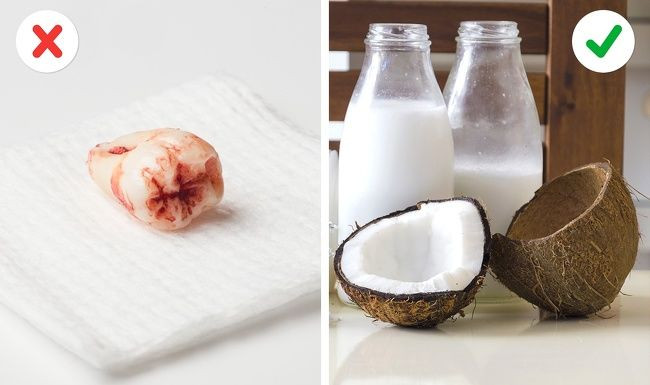 Ngâm răng trong nước dừa để bảo quản Nếu bạn không may bị ngã gãy răng, nên cố gắng tìm ngay một trái dừa. Các nhà khoa học đã phát hiện ra nước dừa có hiệu quả hơn dung dịch muối trong việc bảo quản răng, cụ thể là tế bào của các mô liên kết. Nếu ngâm răng vào nước dừa không quá 30 phút khi răng bị rụng ra thì các nha sĩ sẽ có thể giữ lại chiếc răng đó cho bạn.