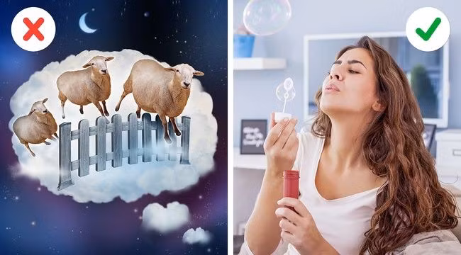 Trị chứng mất ngủ bằng việc thổi bong bóng Bạn mắc chứng cực kỳ khó ngủ và thường xuyên phải đếm cừu. Thế nhưng tình trạng này vẫn không được cải thiện. Hãy giải quyết vấn đề này bằng cách thổi bong bóng. Nhờ vào hơi thở sâu khi thổi, cơ thể bạn sẽ nhận được nhiều oxy hơn. Và trong khi thở ra bạn sẽ giảm lượng carbon dioxide trong cơ thể, các mạch máu của não sẽ thu hẹp, và bạn sẽ cảm thấy buồn ngủ.
