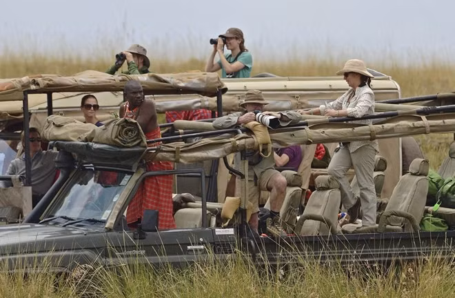 Các khách du lịch tham quan vườn quốc gia Serengeti (Tanzania).