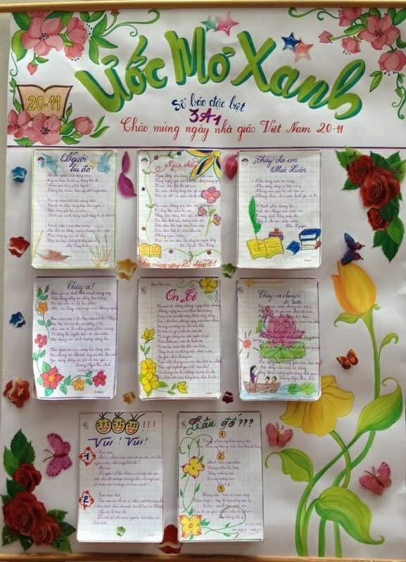 Mỗi bài thơ được viết trang trọng trên báo tường cũng là lời chúc của học trò đến thầy cô kính yêu.