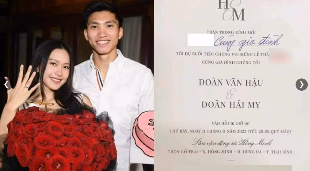 Bên cạnh ảnh cưới, hình ảnh được cho là tấm thiệp mời của Văn Hậu và Hải My cũng rò rỉ trên MXH. Theo thông tin ghi trên thiệp, lễ cưới được tổ chức vào ngày 11/11, tại Thái Bình - quê của Văn Hậu.
