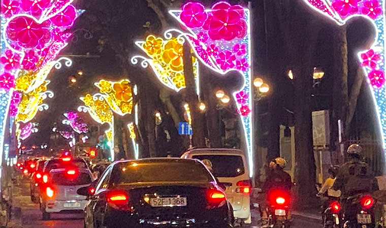 Đèn led cách điệu thể hiện hình ảnh hoa mai và hoa đào, tượng trưng cho 2 miền Nam, Bắc.