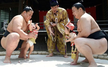 Các đô vật Sumo, những người theo quan niệm của người Nhật là to lớn và khỏe mạnh, trong trang phục truyền thống sẽ bế các em nhỏ này lên võ đài và cố làm đủ mọi cách để cho các bé khóc.