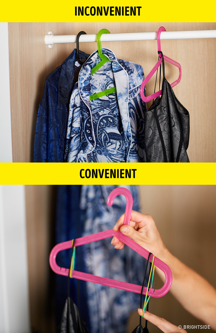 Để quần áo khỏi trượt khỏi móc, bạn nên để hai dây nịt như hình trên rồi sau đó mới móc quần áo vào.