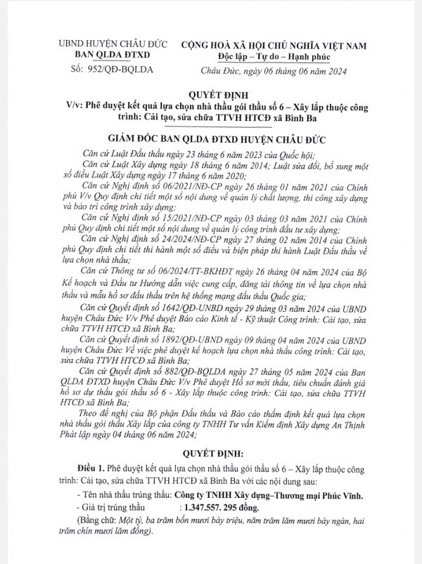 BR-VT: Gói thầu xây lắp tại Châu Đức về tay Công ty Phúc Vĩnh BR-VT: Goi thau xay lap tai Chau Duc ve tay Cong ty Phuc Vinh