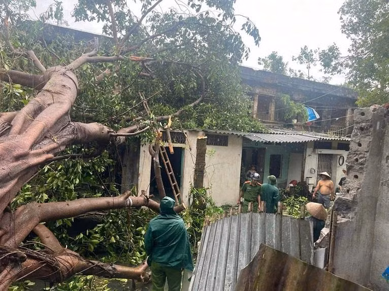 Lực lượng công an hỗ trợ người dân dọn dẹp cây đổ sau bão.