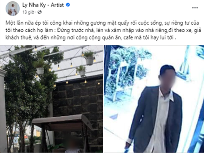 Tháng 9/2023, Lý Nhã Kỳ công khai hình ảnh fan cuồng quấy rối. "Họ cứ đứng trước cửa, có lần trốn vào nhà tôi cả đêm, đến sáng nhân viên phát hiện thì bỏ chạy. Nhiều người gọi tôi là vợ, chỗ nào tôi đi họ đều biết", nữ diễn viên chia sẻ trên Dân Việt. Lý Nhã Kỳ đã trình báo vụ việc. "Họ không quậy phá, cũng không có dấu hiệu tấn công, bởi vậy tôi chưa thể làm được gì", cô nói. Ảnh: FB Lý Nhã Kỳ.