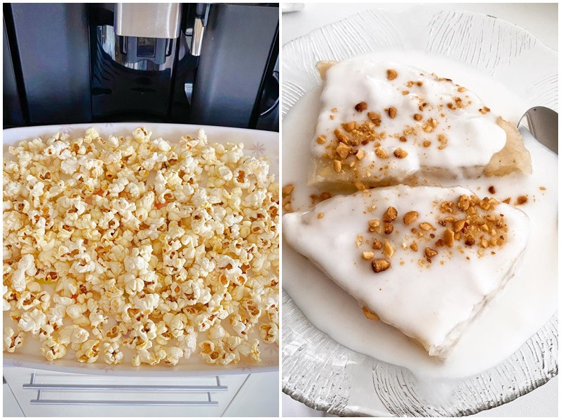 Thu Thảo nấu bánh chuối, làm bỏng ngô cho các con. Ảnh: Instagram Thu Thảo.