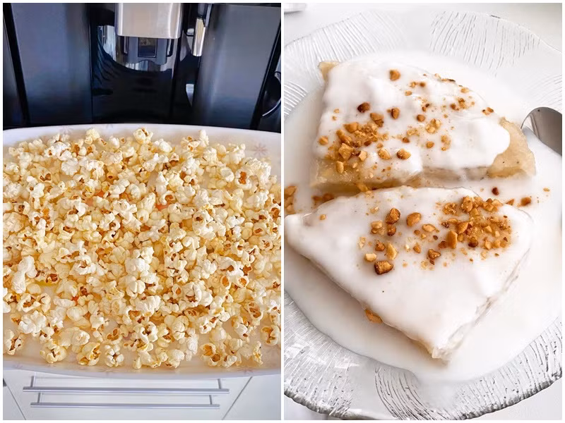 Thu Thảo nấu bánh chuối, làm bỏng ngô cho các con. Ảnh: Instagram Thu Thảo.