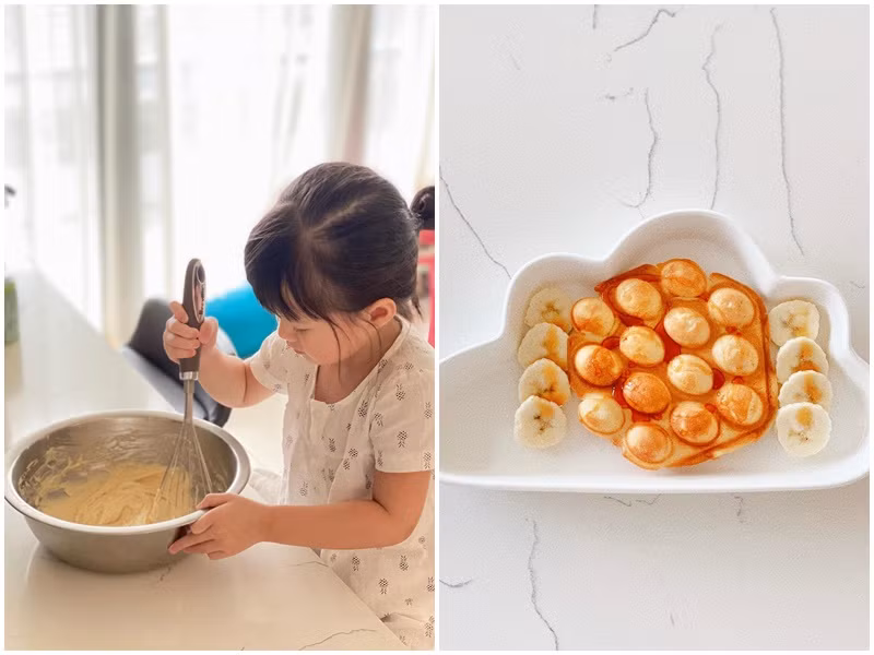 Trong biệt thự, Thu Thảo thích tự nấu nướng. Trong ảnh, nàng hậu cùng con gái làm bánh. Ảnh: Instagram Thu Thảo.