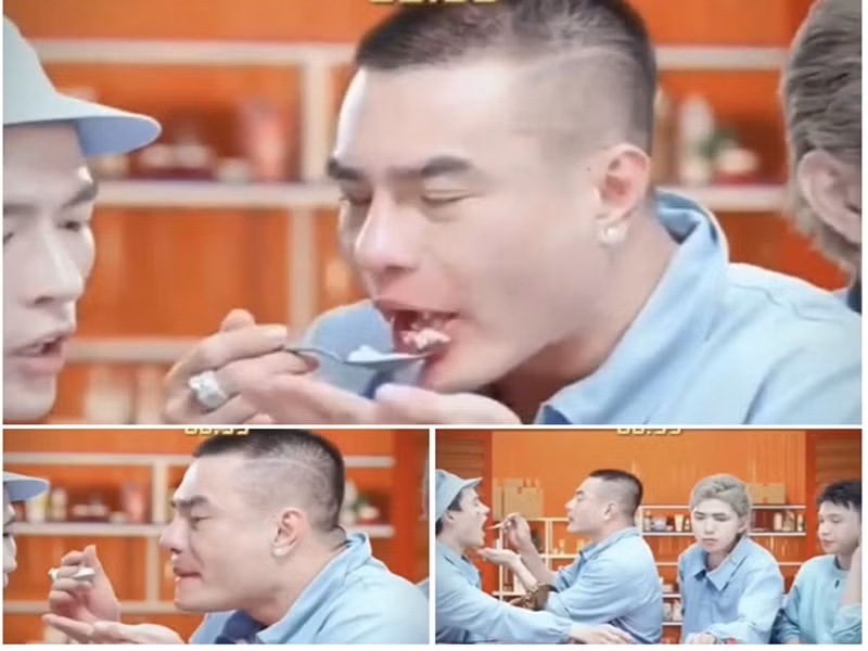 Mới đây, trong một livestream, Lê Dương Bảo Lâm nhai thức ăn rồi bón cho Võ Tấn Phát khi diễn tiểu phẩm mẹ cho con ăn. Ảnh: Tiền Phong.