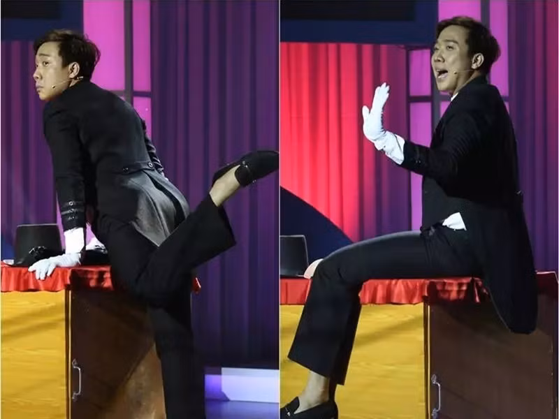 Trấn Thành cũng là sao Việt gặp sự cố trang phục trên truyền hình. Trong chương trình Ai cũng bật cười năm 2017, khi đá chân rồi ngồi lên bàn, anh bị rách quần. Ảnh: Thời Đại Plus.