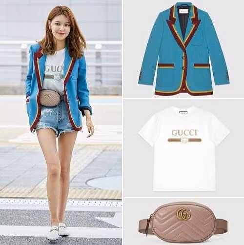 Có mặt tại sân bay Incheon để sang Ý tham dự show thời trang, ''chân dài'' Sooyoung đã diện nguyên một cây hàng hiệu của nhà mốt đình đám Gucci gồm áo jacket xanh dương giá 61 triệu VND, áo phông 12 triệu VND và túi xách 26 triệu VND.