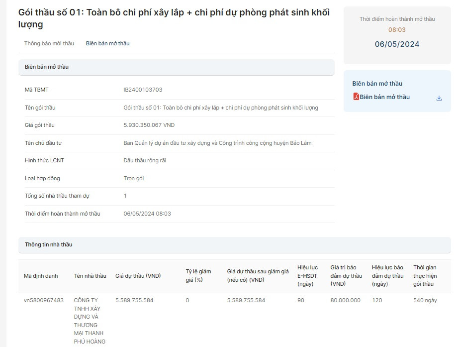 Lâm Đồng: Gói thầu gần 6 tỷ tại Bảo Lâm về tay Thanh Phú Hoàng? Lam Dong: Goi thau gan 6 ty tai Bao Lam ve tay Thanh Phu Hoang?