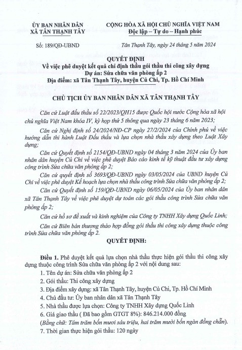 TP. HCM: 3 ngày Công ty Quốc Linh được chỉ định 5 gói thầu tại Củ Chi TP. HCM: 3 ngay Cong ty Quoc Linh duoc chi dinh 5 goi thau tai Cu Chi