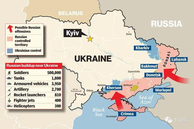 Nhìn vào thống kê biểu đồ của các phương tiện truyền thông phương Tây, quân đội Nga đã tập hợp trên tiền tuyến: Binh lính: 500.000; Xe tăng: 1800; Xe vận tải: 3950; Pháo: 2700; Bệ phóng tên lửa: 810; Máy bay chiến đấu: 400; Máy bay trực thăng: 300. 