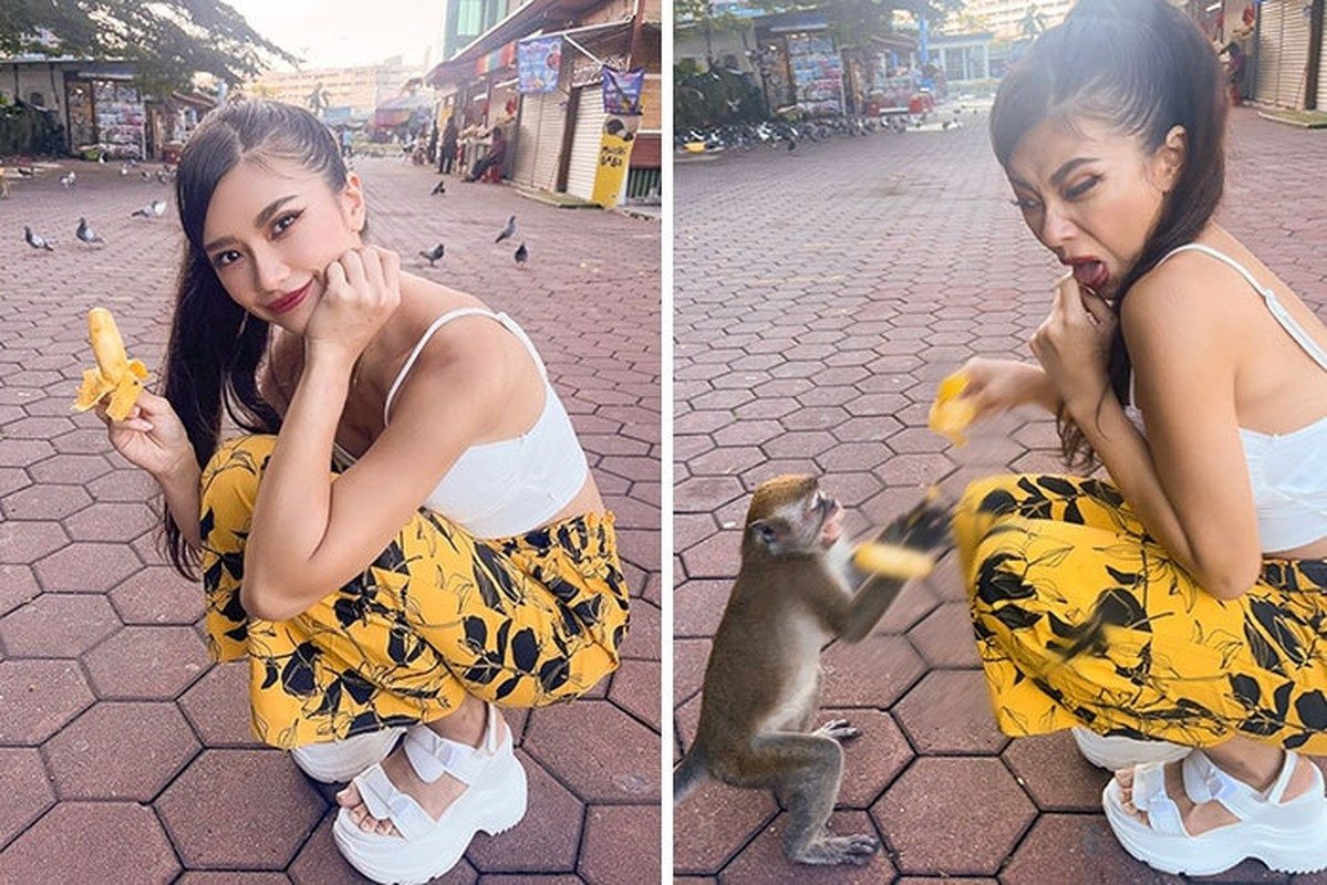 Sau khi chụp xong được bức ảnh tuyệt đẹp cô gái này đã bị cướp luôn quả chuối.