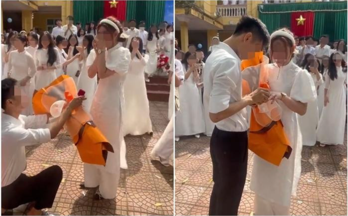 Đoạn clip sau khi chia sẻ lên MXH gây ra tranh cãi. Một bộ phận cư dân mạng hoàn toàn chấp nhận được bởi các em cũng đã tốt nghiệp cấp 3, có tình yêu đẹp thuở học trò nên cứ mạnh dạn thể hiện. Bên cạnh đó không ít người cho rằng quá sớm để cầu hôn hay nghĩ về cuộc sống hôn nhân, đang là học sinh nên nghĩ về chuyện học hành và sự nghiệp thì tốt hơn. Ảnh: cắt ra từ clip