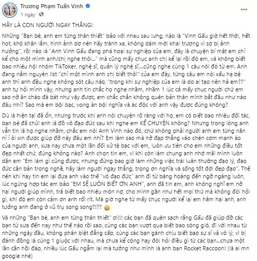Sau khi "đường ai nấy đi", Vinh Gấu bức xúc vì biết được nhân vật lọt vào tầm ngắm tiếp theo của TikToker này chính là anh.