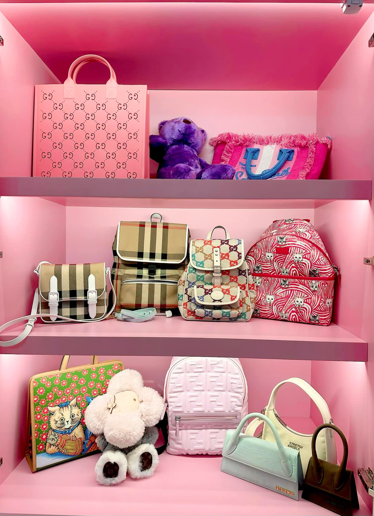 Đoàn Di Băng đăng tải 1 góc tủ túi xách của Hana với dòng chú thích: "Hỏi Hana sao con đi học không đeo mấy balo mẹ mua cho con. Hana bảo con nghĩ mấy cái này để đi chơi con đeo được rồi. Còn đi học con đeo balo giống các bạn. Đeo balo hiệu bạn nhìn con ngại lắm".