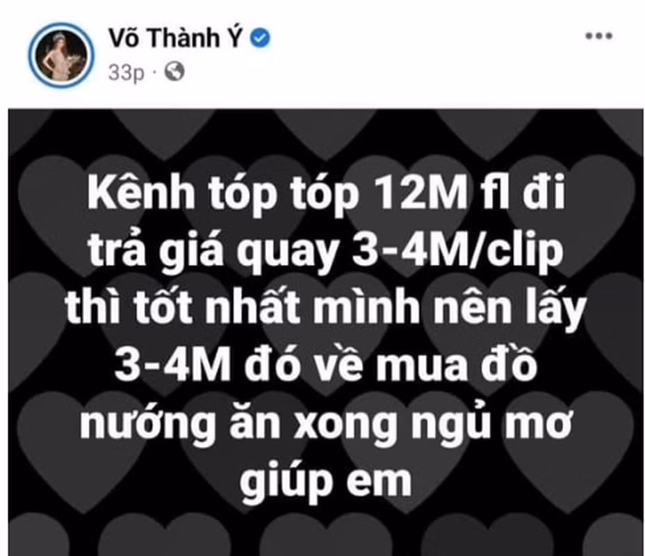 Mới đây nhất, Võ Thành Ý nhận nhiều ý kiến trái chiều về chuyện nhận quảng cáo. Cụ thể, chàng TikToker đăng tải dòng trạng thái bức xúc vì bị trả giá khi các nhãn hàng, cá nhân muốn anh quảng bá hình ảnh sản phẩm của họ.