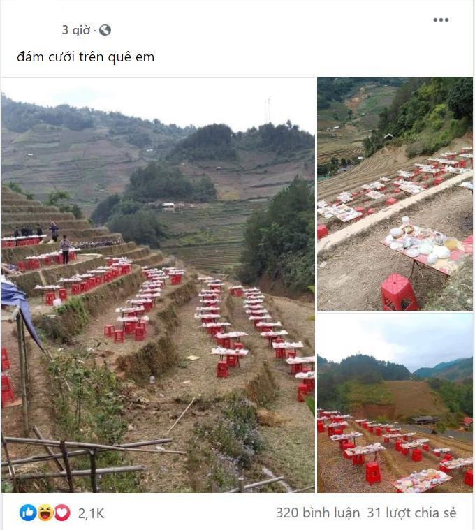 Không khác gì đám cưới ngoài trời độc lạ như trên, trước đó trên MXH xuất hiện hình ảnh một đám cưới vùng cao, những mâm cỗ cưới được bày biện trên phần ruộng bậc thang vô cùng độc đáo.
