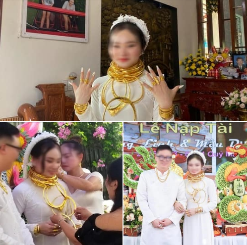 Mới đây, mạng xã hội lan truyền nhiều hình ảnh về một cô dâu ở Thanh Hóa treo vàng của hồi môn đầy người khiến cư dân mạng choáng váng. Ảnh chụp màn hình