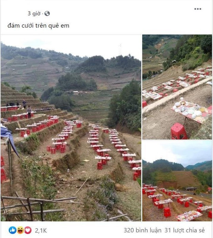 Không khác gì đám cưới ngoài trời độc lạ như trên, trước đó trên MXH xuất hiện hình ảnh một đám cưới vùng cao, những mâm cỗ cưới được bày biện trên phần ruộng bậc thang vô cùng độc đáo.