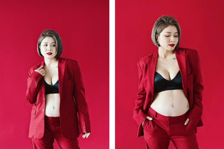 Trong thời kỳ mang thai, nữ MC thường xuyên thực hiện những bộ ảnh khoe bụng bầu cực chất để kỷ niệm. Ảnh: FBNV