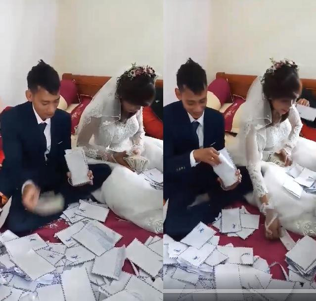 Cô dâu chú rể còng lưng đếm tiền vì bạn thân tặng toàn tiền lẻ, mệnh giá rất nhỏ. Ảnh: Vietnamnet