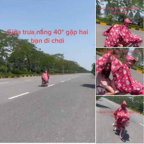 Thế nhưng mới đây MXH bất ngờ xuất hiện đoạn clip ghi lại cảnh hai em nhỏ mặc áo mưa màu hồng, đạp xe đi giữa lòng đường ngày Hà Nội nắng nóng đỉnh điểm, thu hút sự chú ý của cư dân mạng.