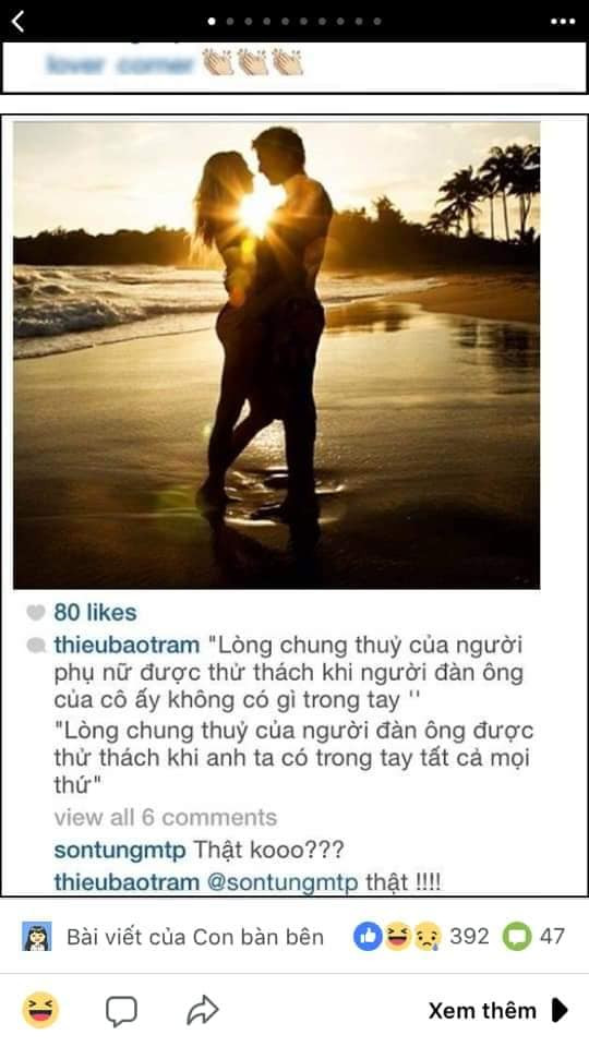 Theo như dân mạng dù Sơn Tùng quyết định chia tay Thiều Bảo Trâm nhưng cô vẫn không từ bỏ và quyết tâm ở bên anh. Thiều Bảo Trâm viết trên instagram: "Lòng chung thủy của một người phụ nữ được thử thách khi người đàn ông của cô ấy không có gì trong tay. Lòng chung thủy của người đàn ông được thử thách khi anh ta có trong tay tất cả mọi thứ". Dưới bình luận của Thiều Bảo Trâm, Sơn Tùng M-TP liền hỏi: "Thật không", Thiều Bảo Trâm trả lời: "Thật". Ngoài ra, cả hai còn liên tục thả thính, ghen tuông khi đối phương đăng status trên trang cá nhân.