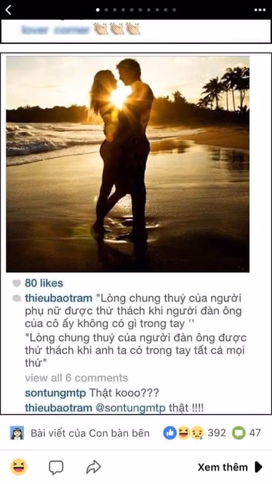 Theo như dân mạng dù Sơn Tùng quyết định chia tay Thiều Bảo Trâm nhưng cô vẫn không từ bỏ và quyết tâm ở bên anh. Thiều Bảo Trâm viết trên instagram: "Lòng chung thủy của một người phụ nữ được thử thách khi người đàn ông của cô ấy không có gì trong tay. Lòng chung thủy của người đàn ông được thử thách khi anh ta có trong tay tất cả mọi thứ". Dưới bình luận của Thiều Bảo Trâm, Sơn Tùng M-TP liền hỏi: "Thật không", Thiều Bảo Trâm trả lời: "Thật". Ngoài ra, cả hai còn liên tục thả thính, ghen tuông khi đối phương đăng status trên trang cá nhân.