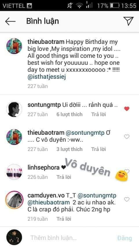 Những commnet đáng yêu của Sơn Tùng và Thiều Bảo Trâm dành cho nhau.