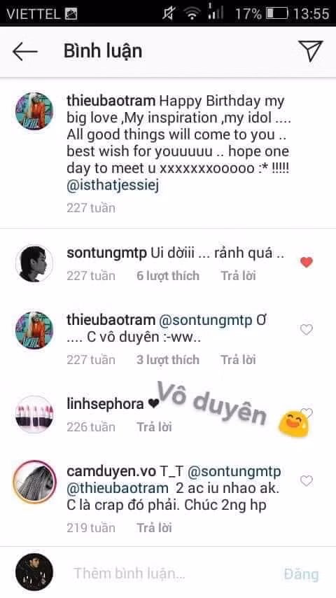 Những commnet đáng yêu của Sơn Tùng và Thiều Bảo Trâm dành cho nhau.