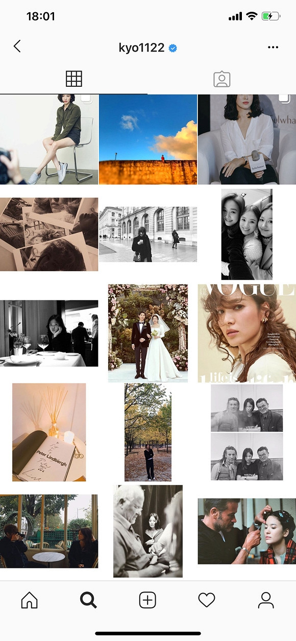 Cụ thể trên Instagram cá nhân, Song Hye Kyo đã dọn dẹp tổng cộng 16 bài viết, đưa con số từ 79 bài xuống còn 63 hình ảnh. Tất nhiên đây là toàn bộ dấu vết về Song Joong Ki bao gồm ảnh cưới của hai người được chụp trên lễ đường vào ngày 31/10/2017, loạt ảnh ở Paris, Tây Ban Nha Song Joong Ki làm "phó nháy" cho cô và cả bức ảnh hai người khoác vai thân thiết trong một buổi phỏng vấn "Hậu duệ Mặt trời" - nơi bắt đầu tình yêu của họ, thậm chí cả bức hình chú chó cưng cô đăng lên trước ngày đệ đơn.