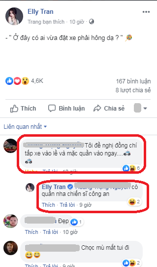Cô liền nhận được lời khuyên hài hước, bất ngờ từ fan: "Tôi đề nghị đồng chí tấp xe vào lề và mặc quần vào ngay...". Đáp lại, bà mẹ hai con khẳng định, cô có mặc quần.