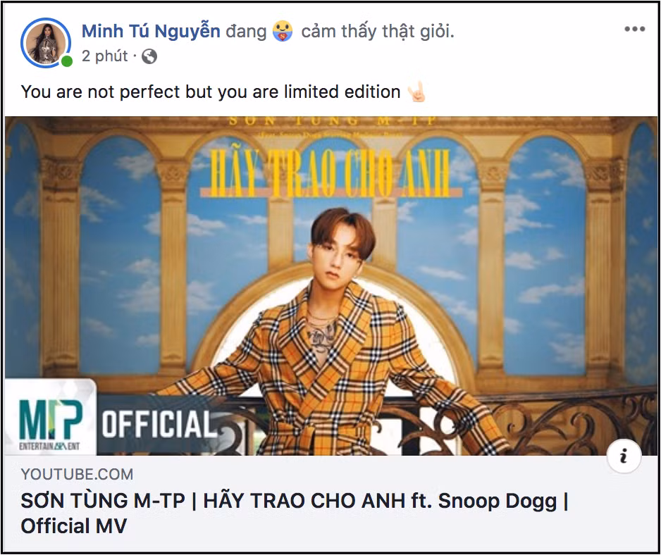 Hoa hậu Siêu quốc gia châu Á 2018 Minh Tú hào hứng share MV mới của nam ca sĩ về trang cá nhân.