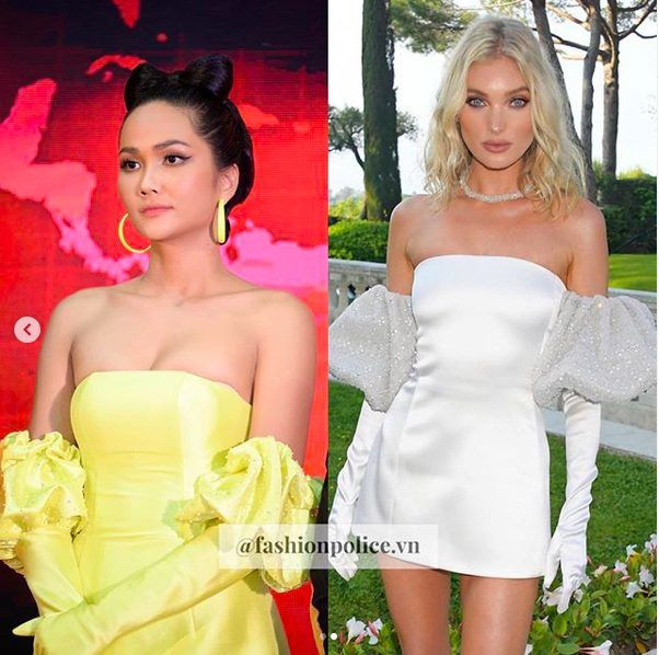 Đặt cạnh nhau để so sánh, chiếc váy được “học hỏi” một cách trùng hợp. Từ độ dài, chất liệu lụa satin của chiếc váy, đến phần bèo nhún ở cánh tay hay phần ống tay được cách điệu là 2 chiếc găng tay kín mít.