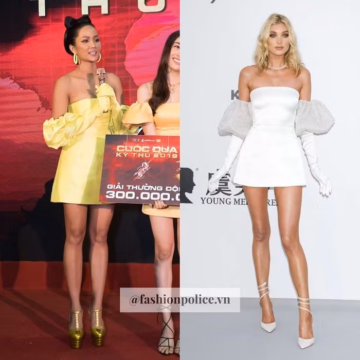 Xuất hiện tại một sự kiện mới đây, H’Hen Niê đã nhanh chóng trở thành tâm điểm chú ý giữa dàn sao bởi sự nổi trội về sắc vóc và chiếc váy vàng cúp ngực nổi bật. Song trên hết nhiều người nghi ngờ về chiếc váy mà hoa hậu đang mặc trên người vì đã thấy thấp thoáng đâu đó. Thì ra, chiếc váy này là “bản fake” với chiếc váy của “thiên thần nội y” Elsa Hosk mặc cách đây không lâu, giống gần như đến 99%, duy chỉ khác nhau về màu sắc.