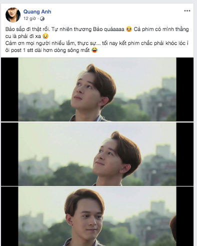 Quang Anh - diễn viên 10X thủ vai Bảo chia sẻ hình ảnh cuối trong phim: "Cảm ơn mọi người nhiều lắm, thực sự... tối nay kết phim chắc phải khóc lóc ỉ ôi post 1 status dài hơn dòng sông mất".